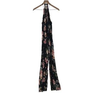 Roe + May Floral Print Crepe Halter‎ Tie Neck Wide Leg Jumpsuit